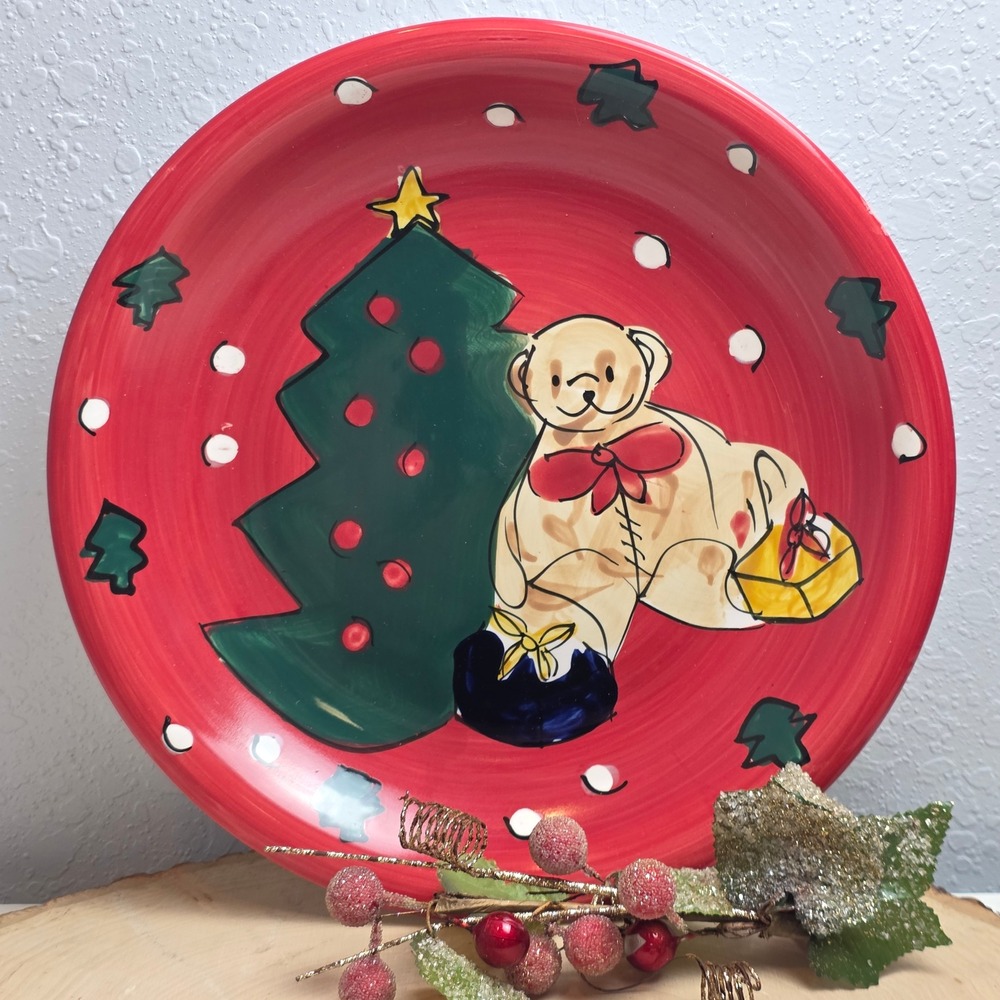 Gibson "Festive" Hand Painted Christmas Teddy Bear Tree Serving Plate Red Green
